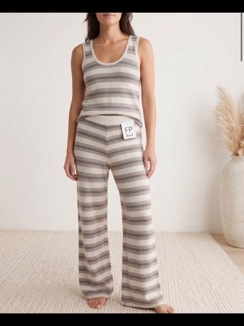 Free People Striped Knit Lounge Tank & Wide-Leg Pants - Cream & Gray